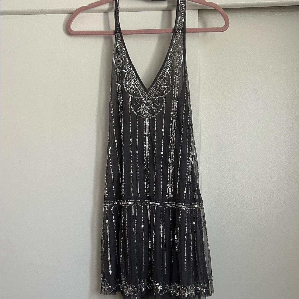 Zara Silver Beaded sheer V-Neck Evening mini-Dress
